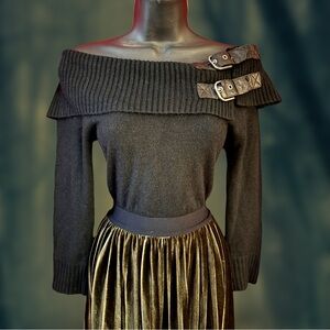 Arden B Black Long Sleeve Cowl Neck Off Shoulder Shirt with Buckles XS